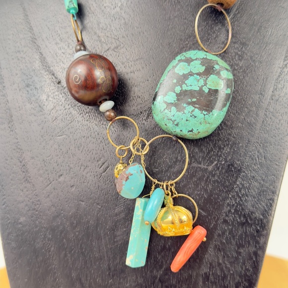 CHAN LUU Multi-beaded Turquoise Long Necklace w Crown Charm & Sterling 925 Clasp - Picture 6 of 16